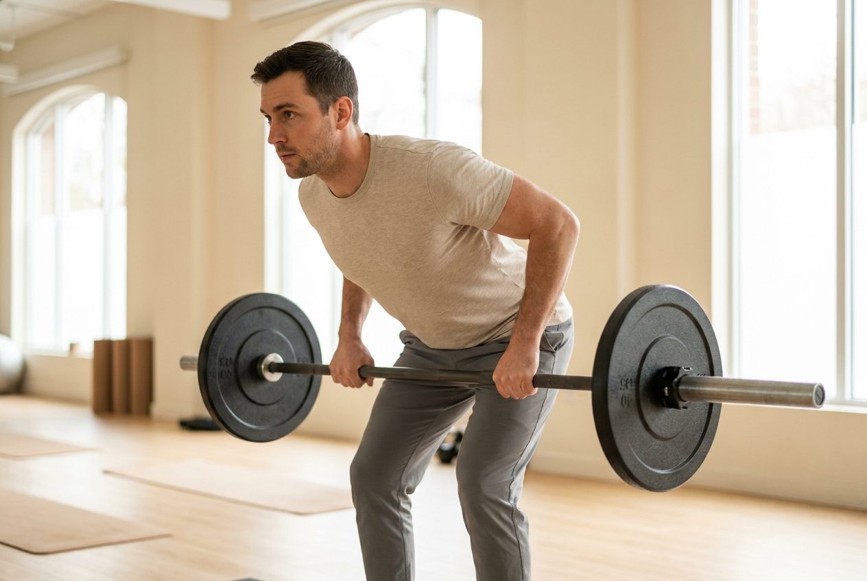 A man performing a bent-over barbell row in a bright, sunlit gym