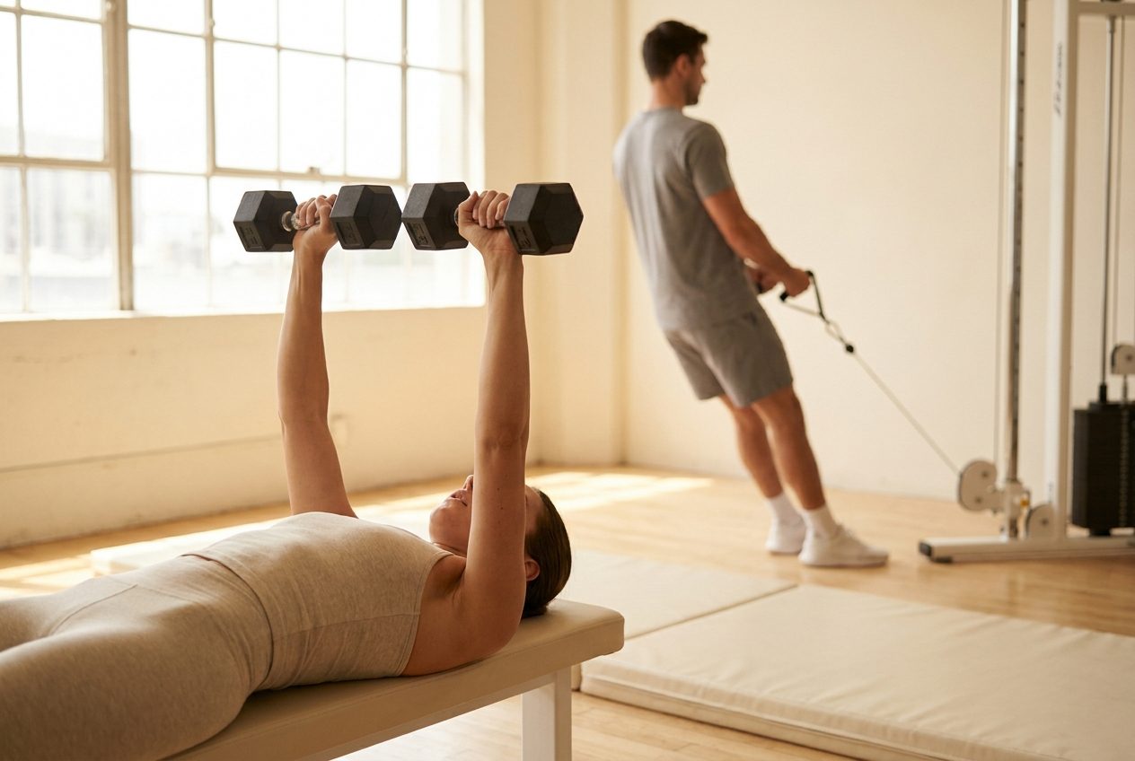 A woman pressing dumbbells on a bench while a man trains separately on a cable machine behind her
