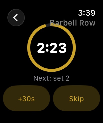 Built on Apple Watch showing a rest timer counting down before the next set