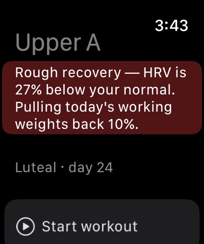 Shaped on Apple Watch: the Upper A session list showing luteal phase day 24 alongside the same recovery adjustment